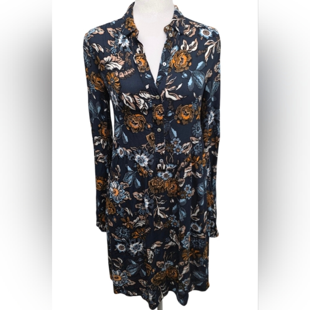 H&M Navy Floral Midi Dress with Mustard and Light Blue Accents